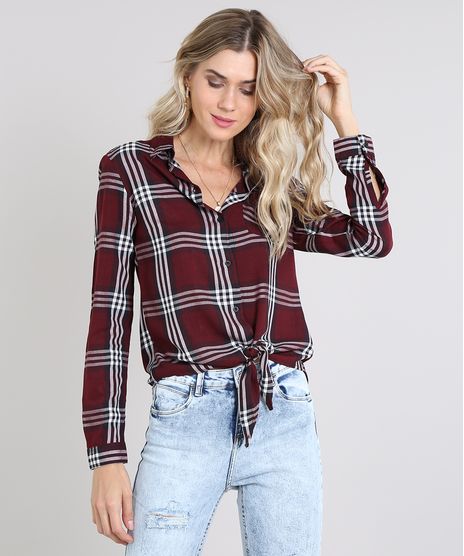 Camisa-Feminina-Estampada-Xadrez-com-No-Manga-Longa-Vinho-9573169-Vinho_1
