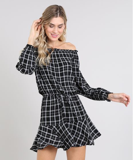 Vestido-Feminino-Curto-Ombro-a-Ombro-Estampado-Xadrez-Manga-Longa-Preto-9476526-Preto_1