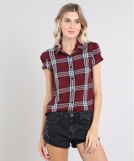 Camisa-Feminina-Estampada-Xadrez-Manga-Curta-Vinho-9573166-Vinho_1