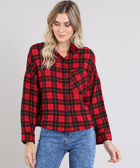 Camisa Feminina Ampla Estampada Xadrez Manga Longa Vermelha Menor preço em Camisa Feminina Ampla Estampada Xadrez Manga Longa Vermelha