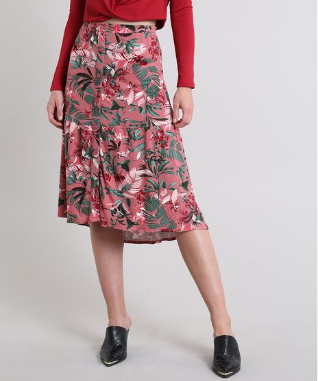 Saia-Feminina-Estampada-de-Folhagem-com-Botoes-Rosa-Escuro-9596912-Rosa_Escuro_1