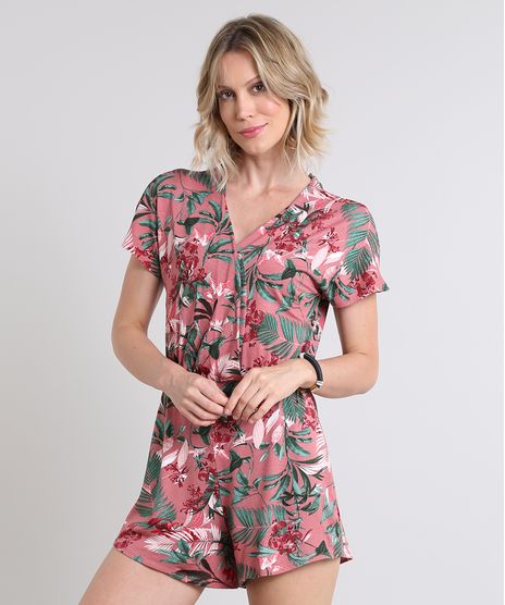 Macaquinho-Feminino-Estampado-de-Folhagens-Decote-V-Manga-Curta-Rosa-Escuro-9572452-Rosa_Escuro_1