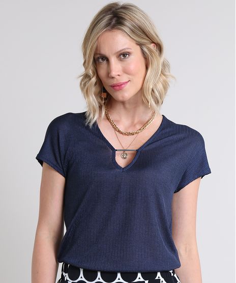 Blusa-Feminina-Canelada-com-Detalhe-Metalico-Manga-Curta-Decote-V-Azul-Marinho-9573995-Azul_Marinho_1