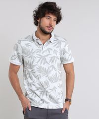 Polo-Masculina-Estampada-de-Folhagem-Manga-Curta-Cinza-Mescla-Claro-9526959-Cinza_Mescla_Claro_1