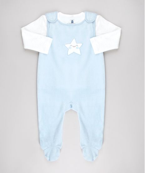 Conjunto-Infantil-de-Camiseta-Estampada-de-Estrelas-Off-White---Macacao-em-Plush-Sem-Manga-Azul-Claro-9451018-Azul_Claro_1