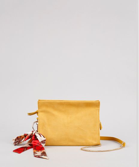 Bolsa-Feminina-Transversal-Media-em-Suede-com-Lenco-e-Corrente-Mostarda-9484654-Mostarda_1